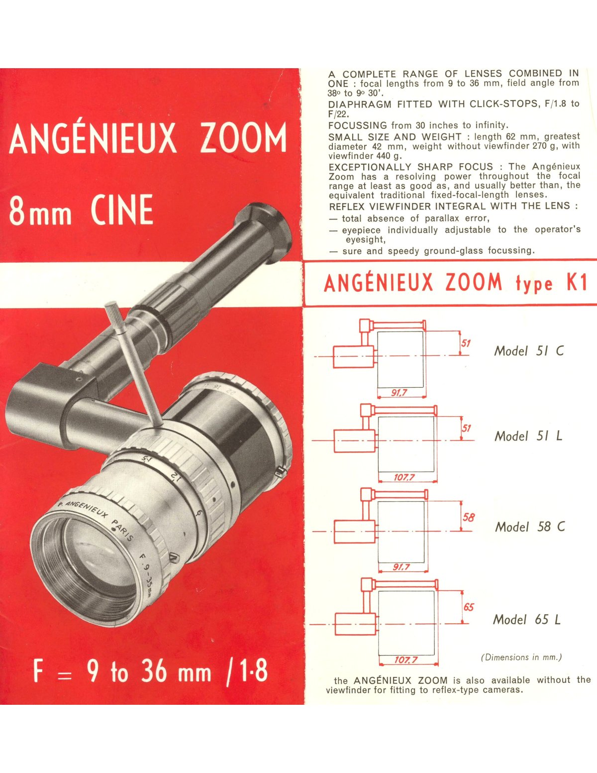 Angénieux Zoom 8mm Cine Type K1 (9–36 mm f/1.8) – Brochure for Bolex and 8mm Cameras – front cover