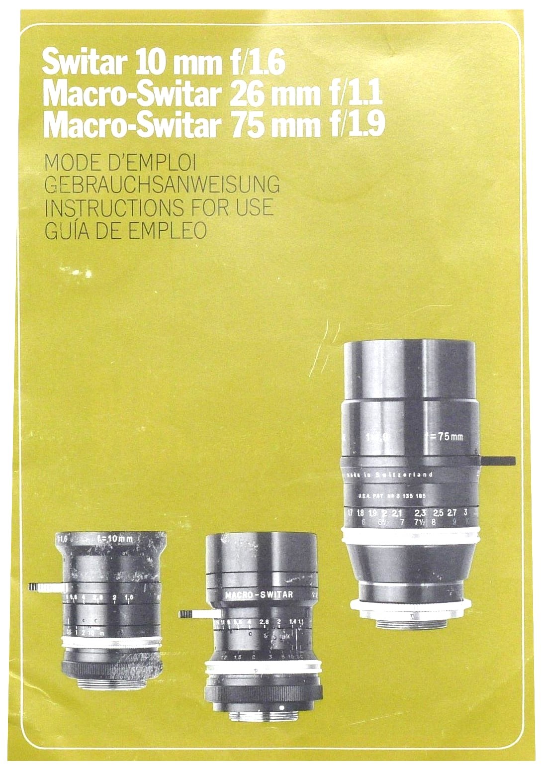 Bolex Switar 10mm, Macro-Switar 26mm & 75mm Lens Instructions – Multilingual – front cover