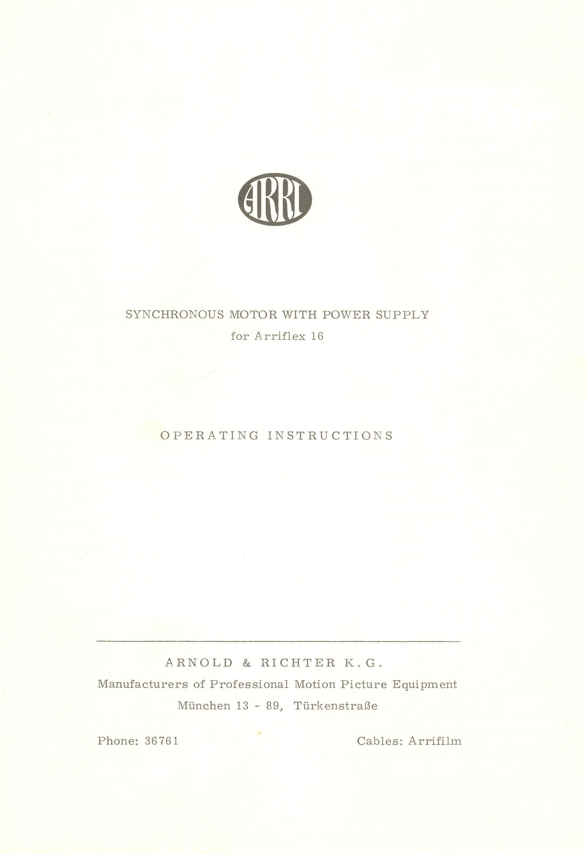 Arriflex 16 Synchronous Motor & Power Supply – Operating Instructions – front cover