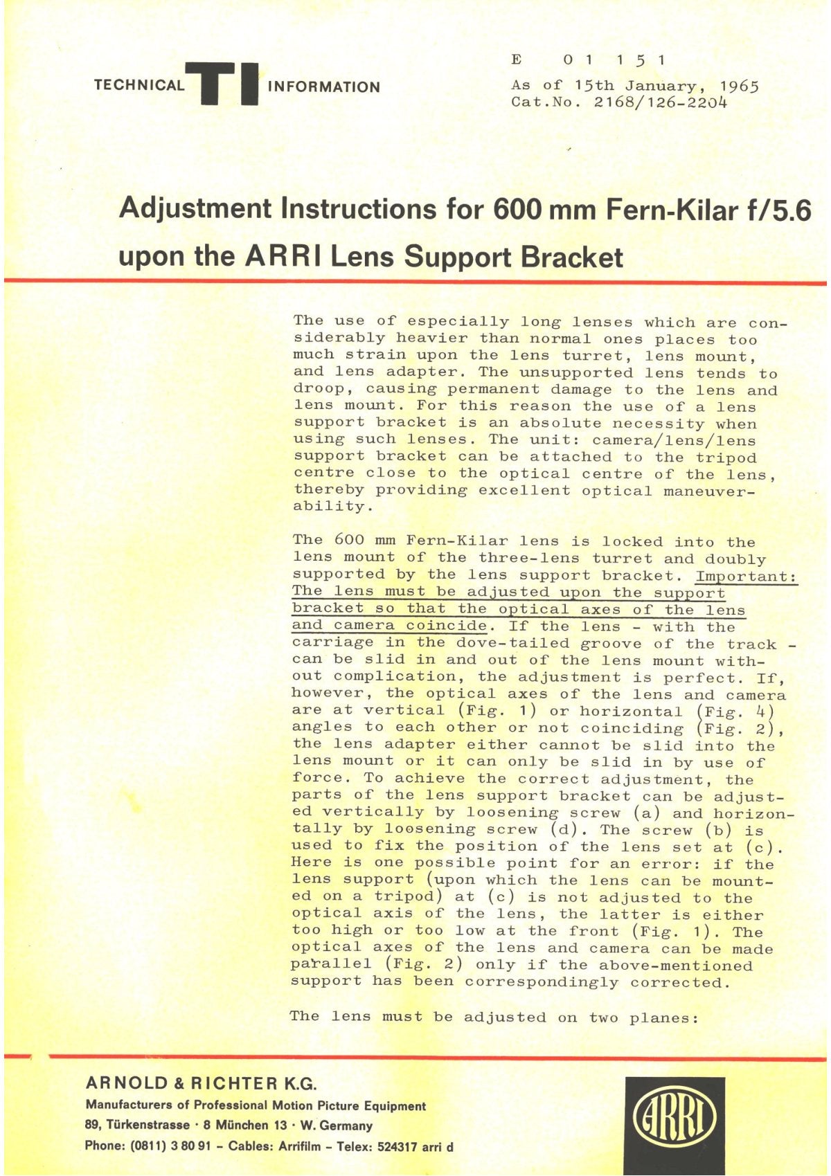 ARRI Adjustment of the 600 mm Fern-Kilar f/5.6 on the Lens Support Bracket, January 1965 – front cover