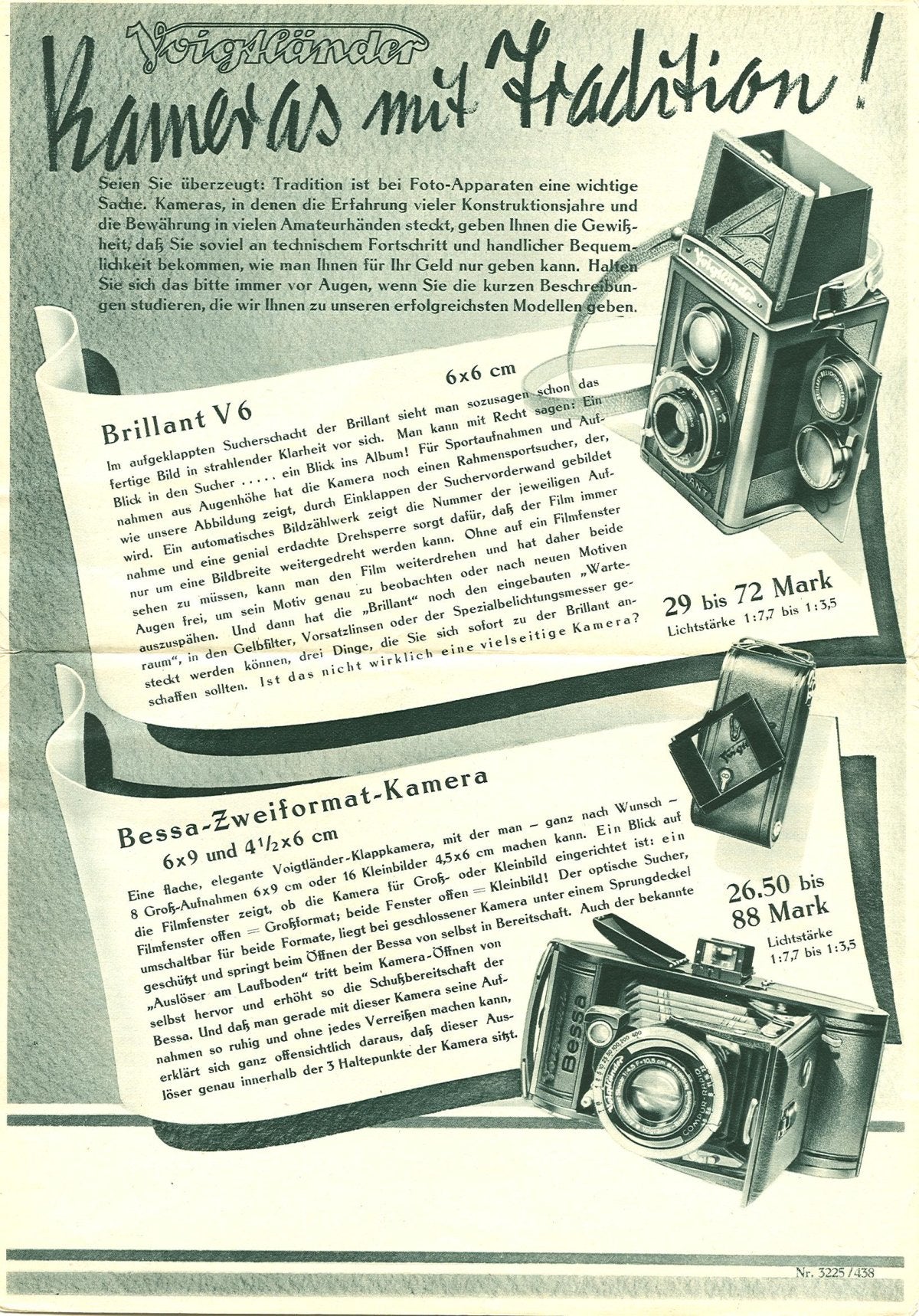 Voigtländer "Kameras mit Tradition" – Brillant V6, Bessa and Superb Ad Sheet, April 1938 – front cover