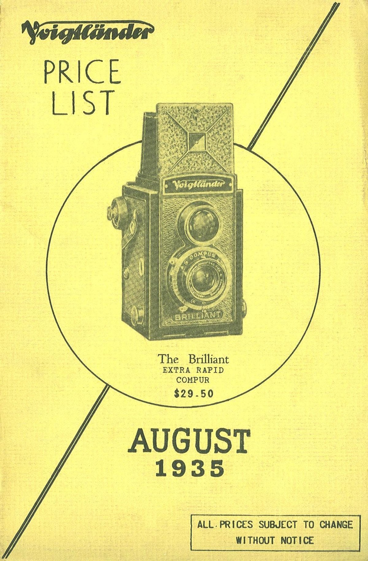 Voigtländer Price List, August 1935 – US Dollar Prices – front cover