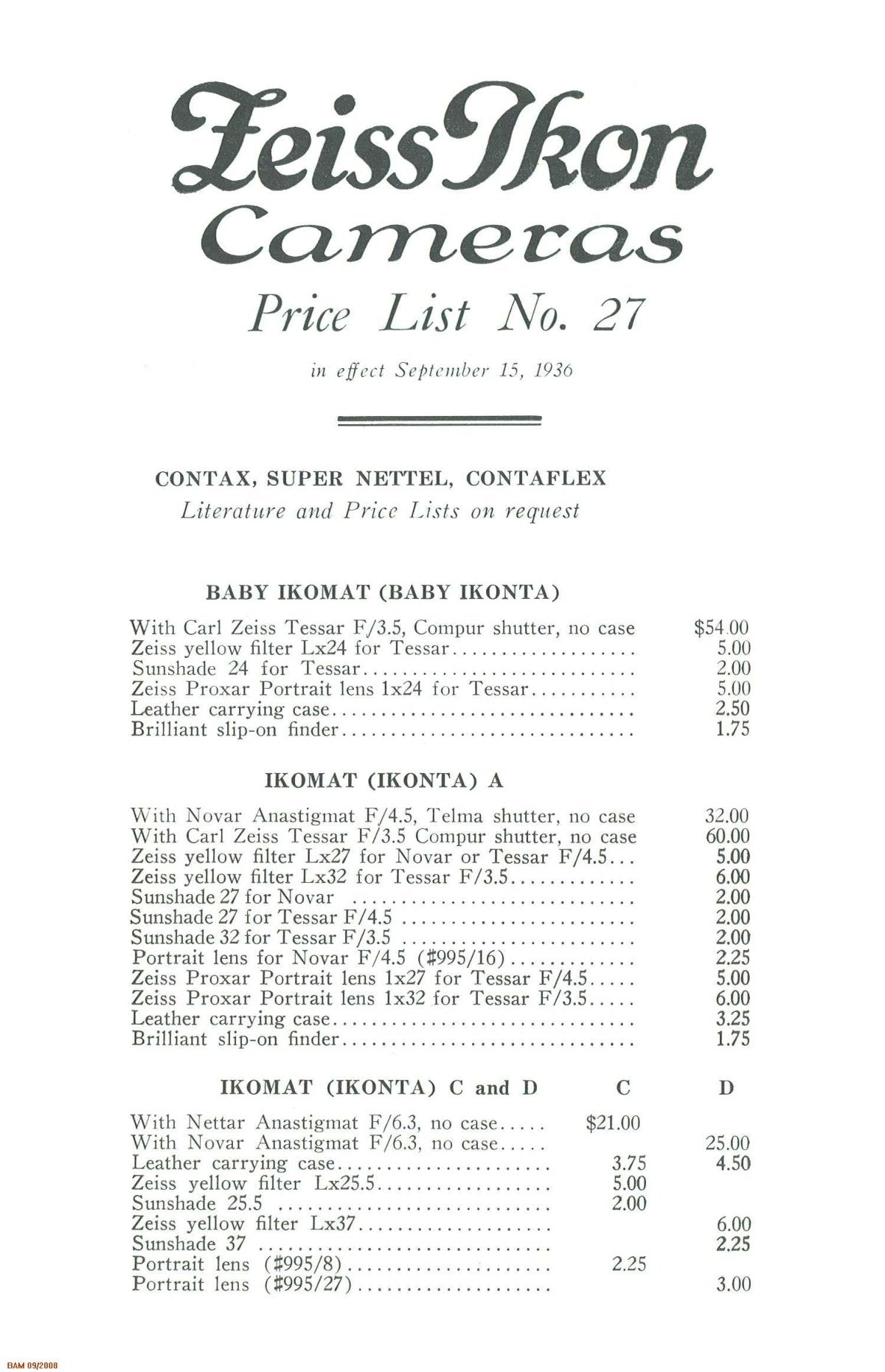 Zeiss Ikon Cameras – Price List No. 27, in Effect September 15, 1936 – front cover