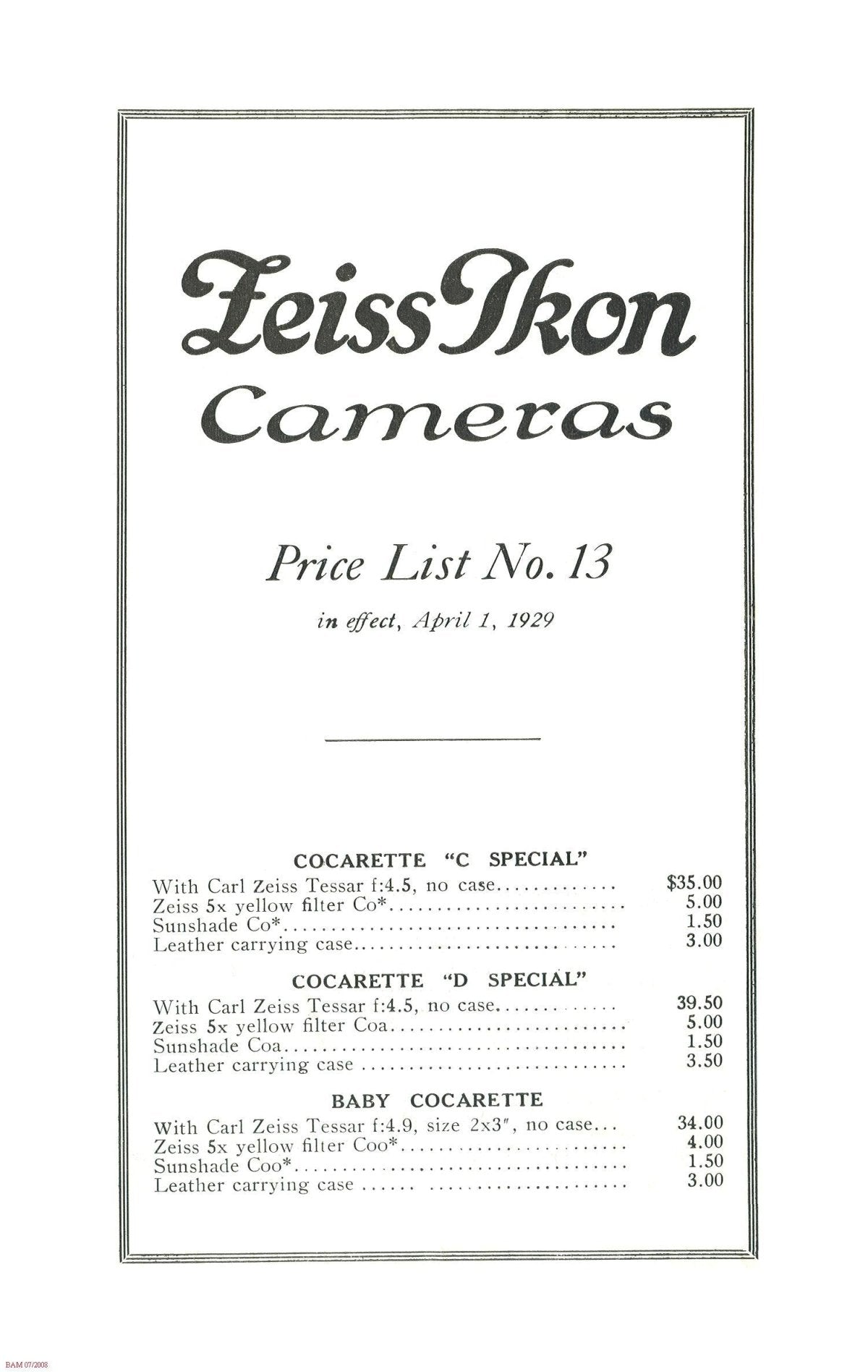Zeiss Ikon Cameras – Price List No. 13, in Effect April 1, 1929 – front cover