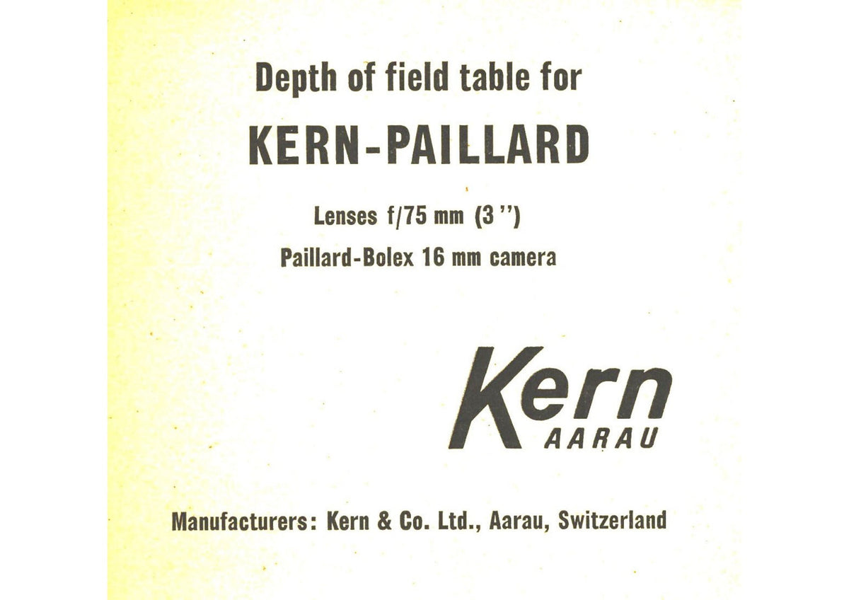 Kern-Paillard Depth of Field Table – 75 mm (3 in.) Lenses for Bolex 16 mm Cameras – front cover