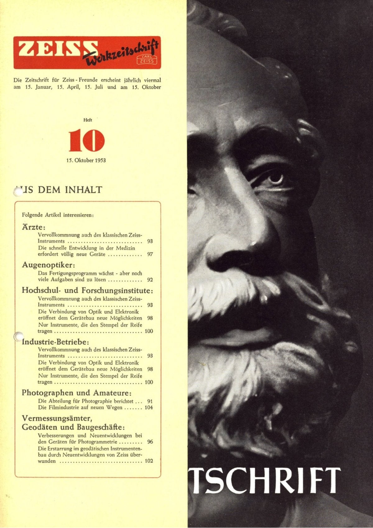 Zeiss Werkzeitschrift Heft 10, 15 October 1953 – German – front cover
