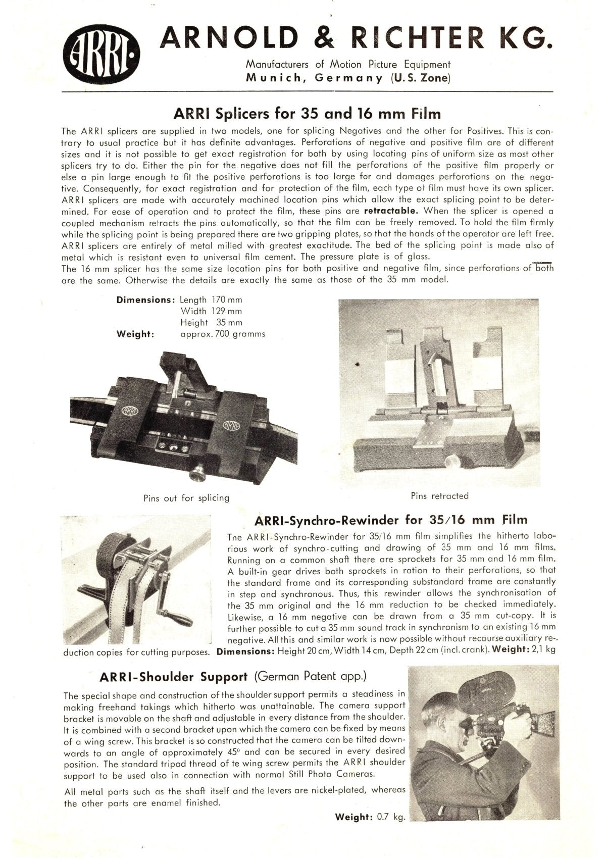 ARRI Splicers, Rewinder, Film Meter and Shoulder Support – Technical Information – front cover