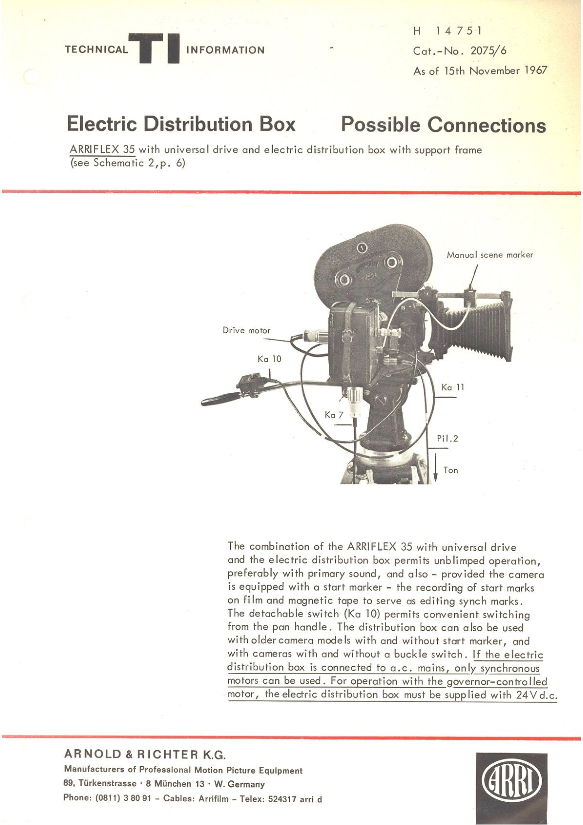 ARRI Electric Distribution Box for Arriflex 35 – Technical Information, November 1967 – front cover