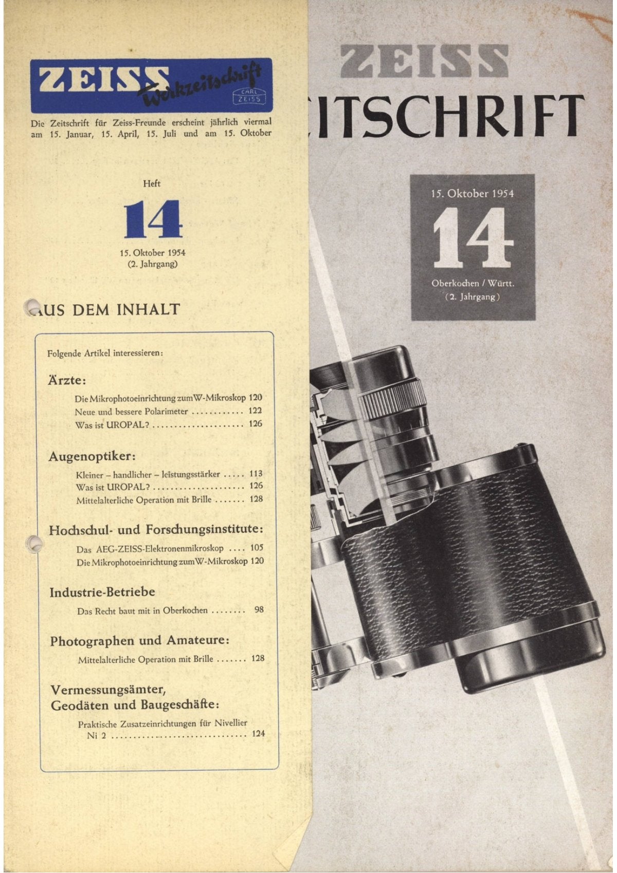 Zeiss Werkzeitschrift Heft 14, 15 October 1954 – German – front cover
