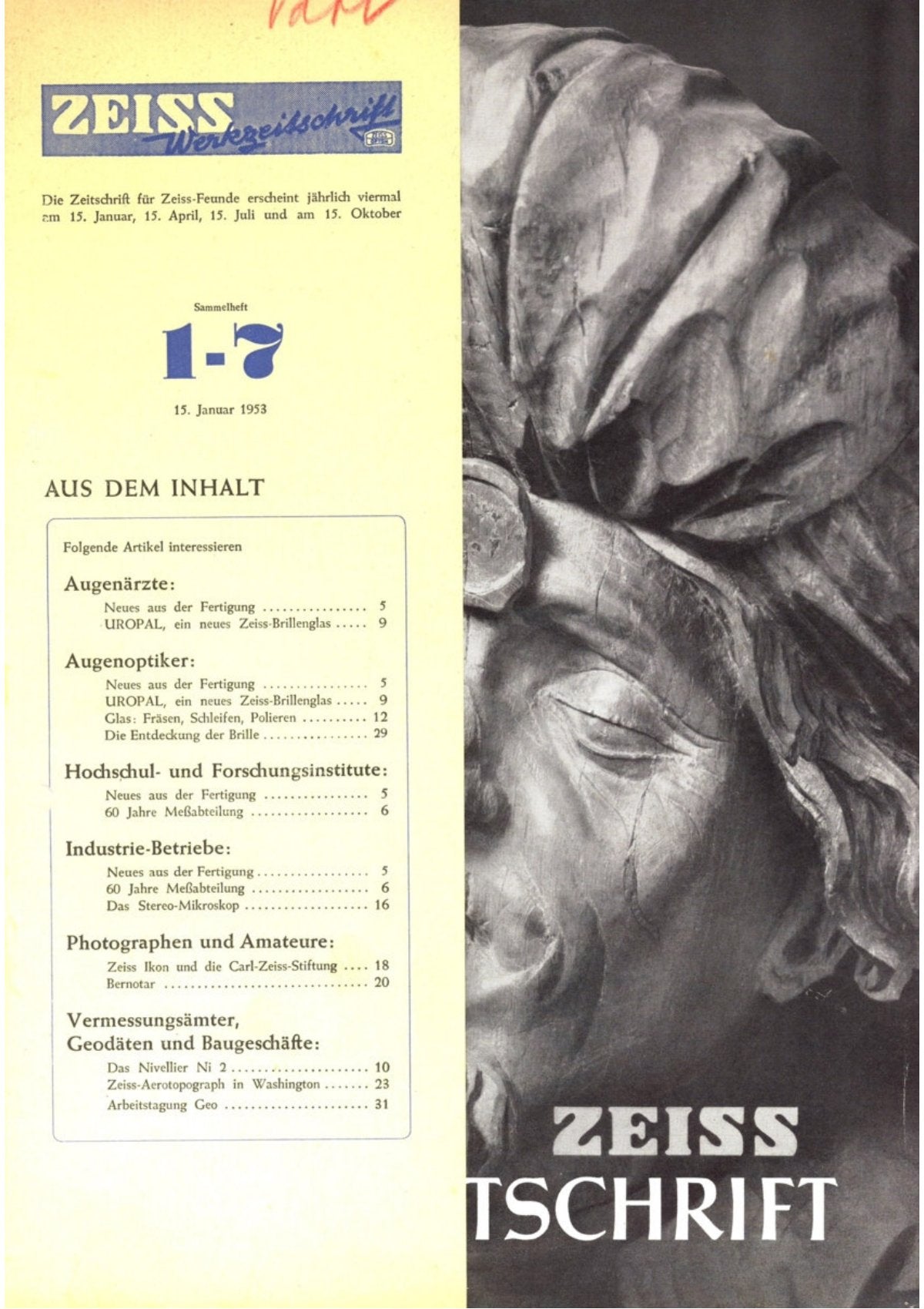 Zeiss Werkzeitschrift, 15 January 1953 – German – front cover