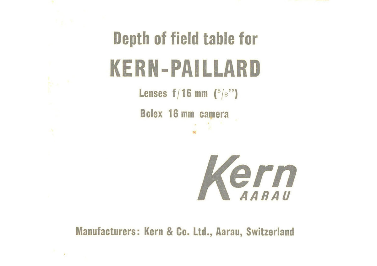 Kern-Paillard Depth of Field Table – 16 mm (5/8 in.) Lenses for Bolex 16 mm Cameras – front cover