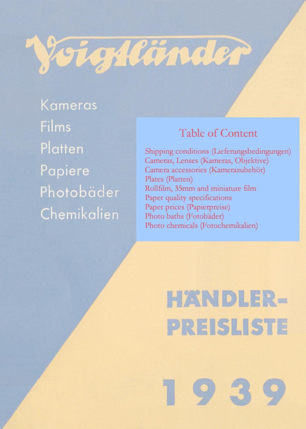 Voigtländer Händler-Preisliste 1939 – German Dealer Price List – front cover