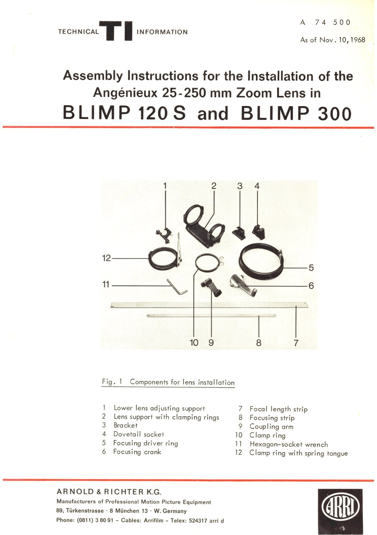 ARRI Assembly Instructions for the Angénieux 25–250 mm Zoom Lens in Blimp 120 S and 300 – front cover