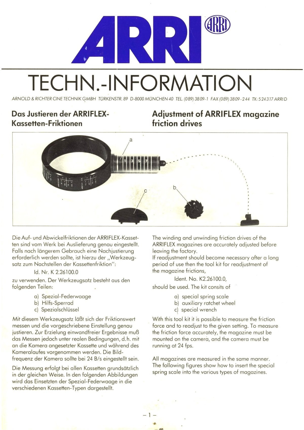 ARRI Techn-Information: Adjustment of Arriflex Magazine Friction Drives, German & English – front cover