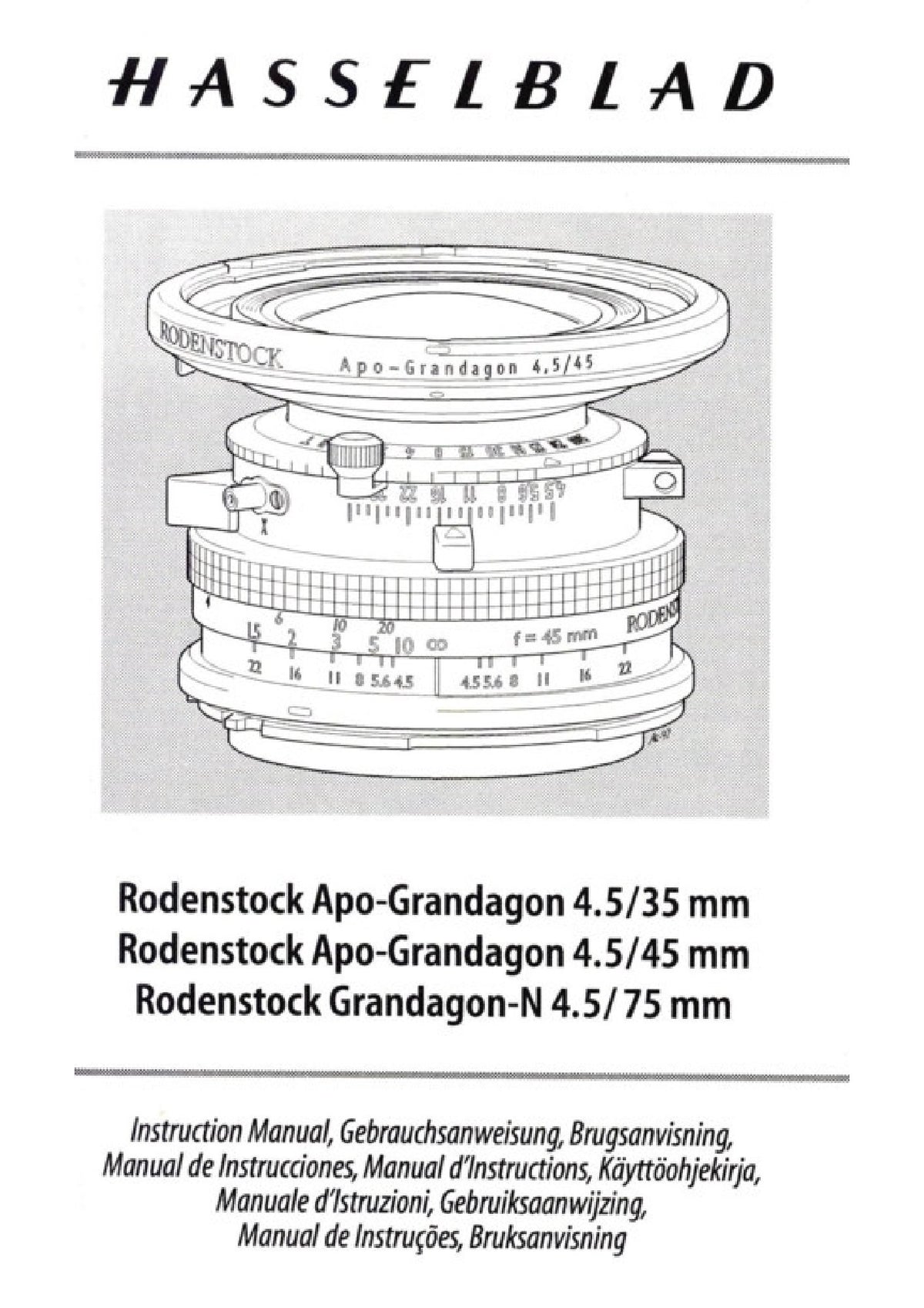 Hasselblad – Rodenstock Apo-Grandagon 4.5/35, 4.5/45 and Grandagon-N 4.5/75 Instructions – front cover