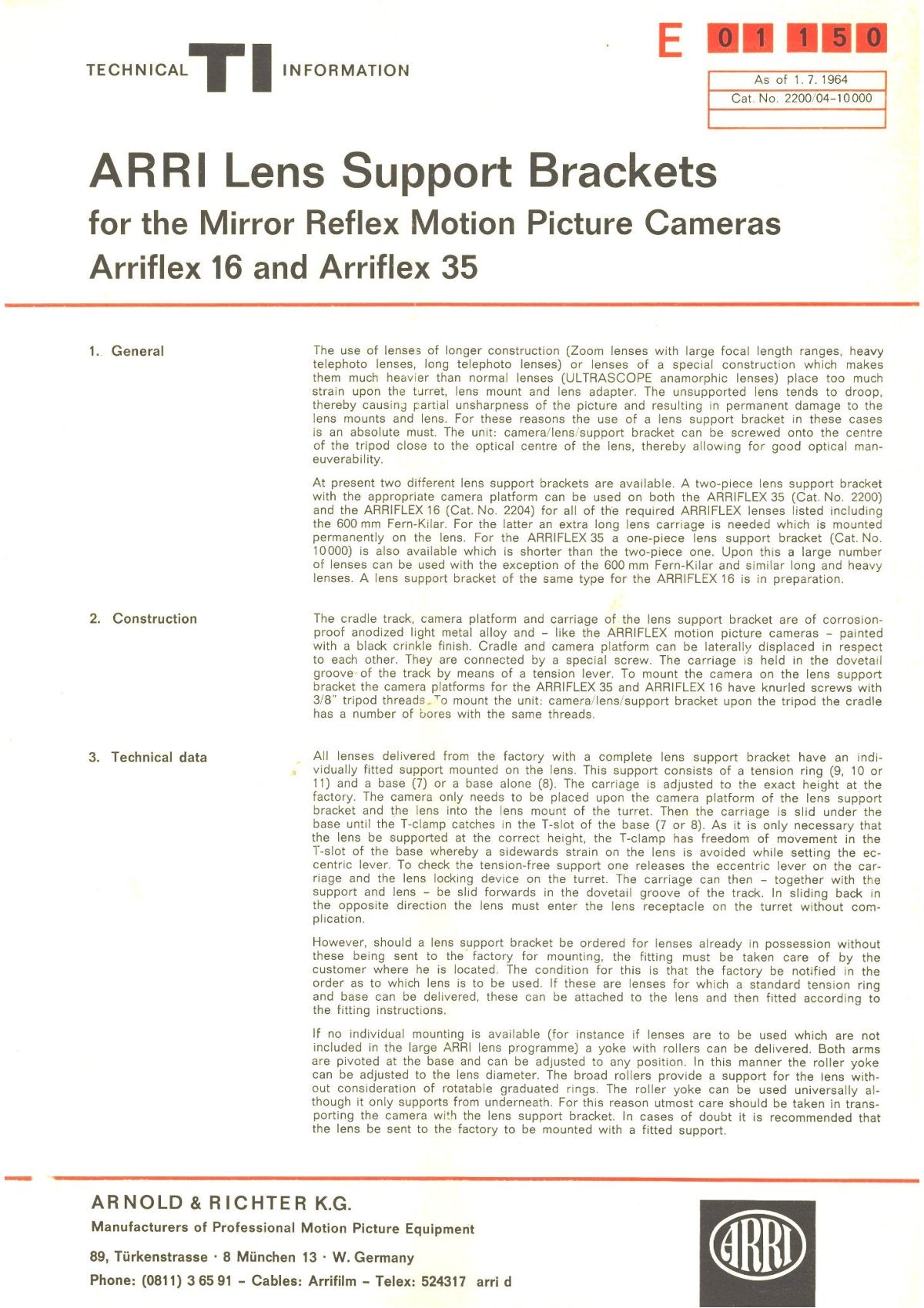 ARRI Lens Support Brackets for Arriflex 16 and Arriflex 35 – Technical Information – front cover