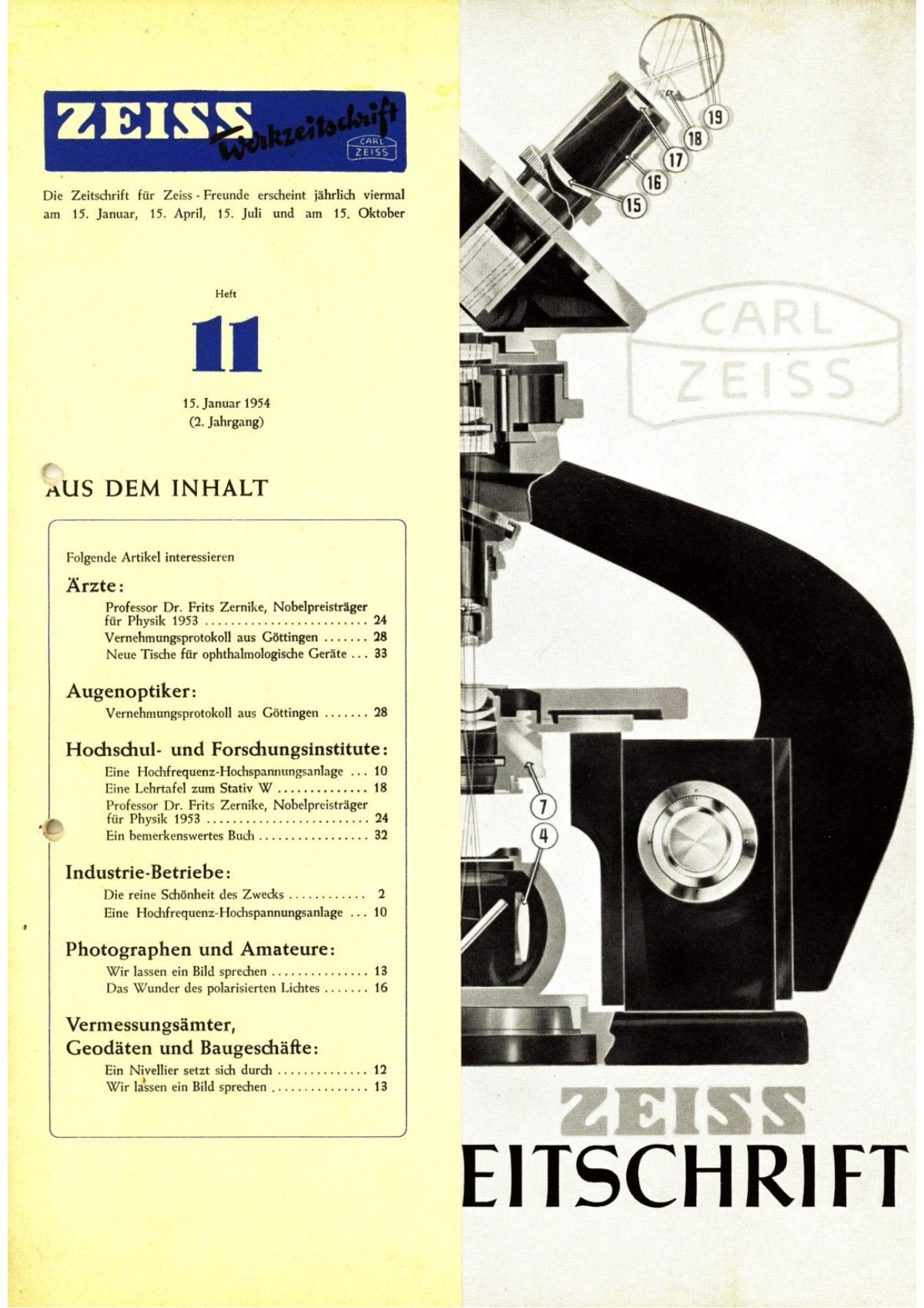Zeiss Werkzeitschrift Heft 11, 15 January 1954 – German – front cover