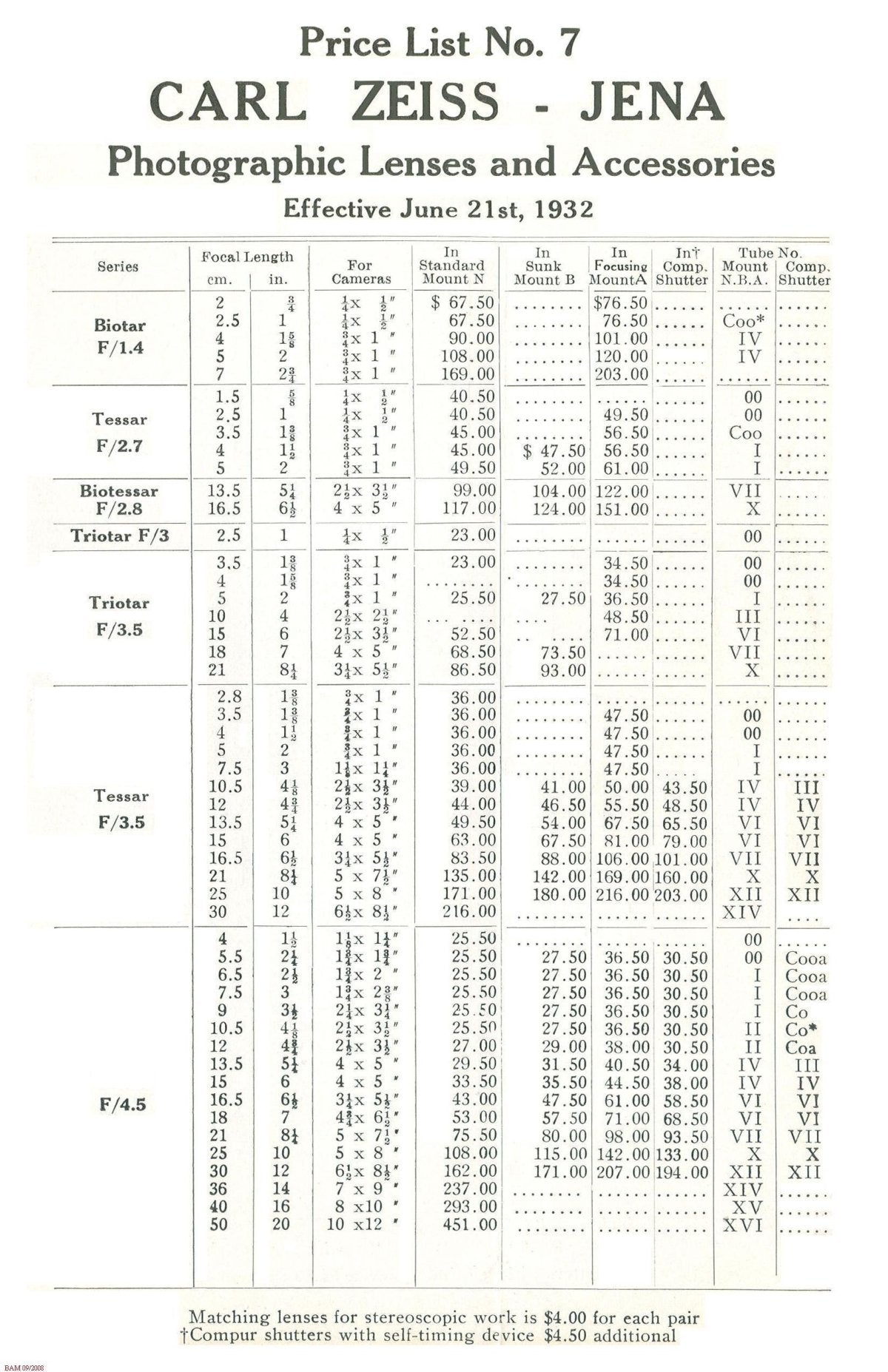 Carl Zeiss Jena Price List No. 7 – Photographic Lenses and Accessories, June 1932 – front cover