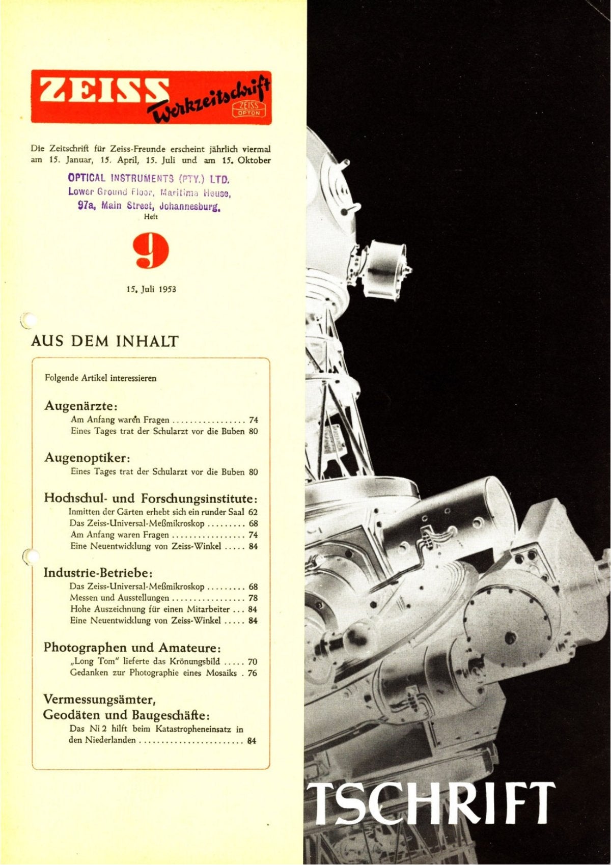 Zeiss Werkzeitschrift Heft 9, 15 July 1953 – German – front cover