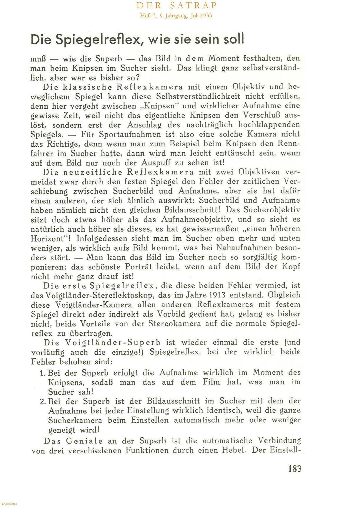 Voigtländer Superb – Article from the Voigtländer Magazine Satrap, 1933, German – front cover