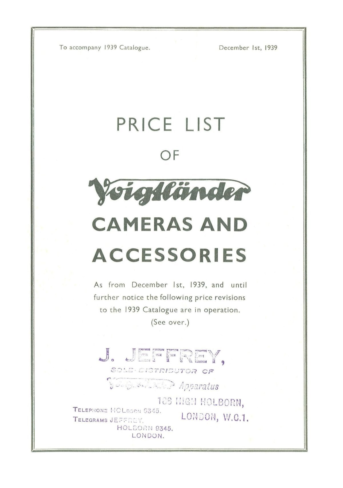 Voigtländer Cameras and Accessories – UK Price List, December 1939 (J. Jeffrey, London) – front cover