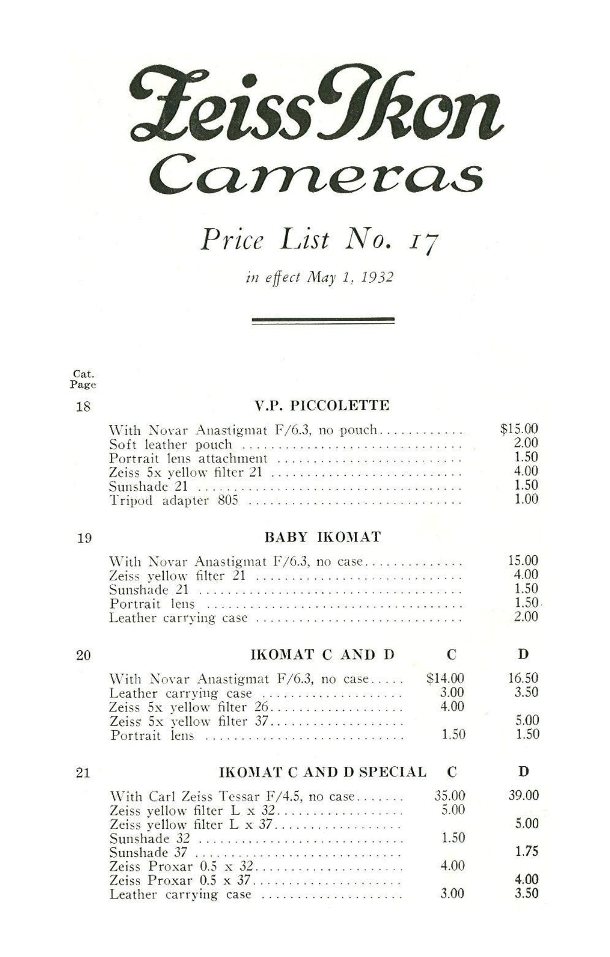 Zeiss Ikon Cameras – Price List No. 17, in Effect May 1, 1932 – front cover