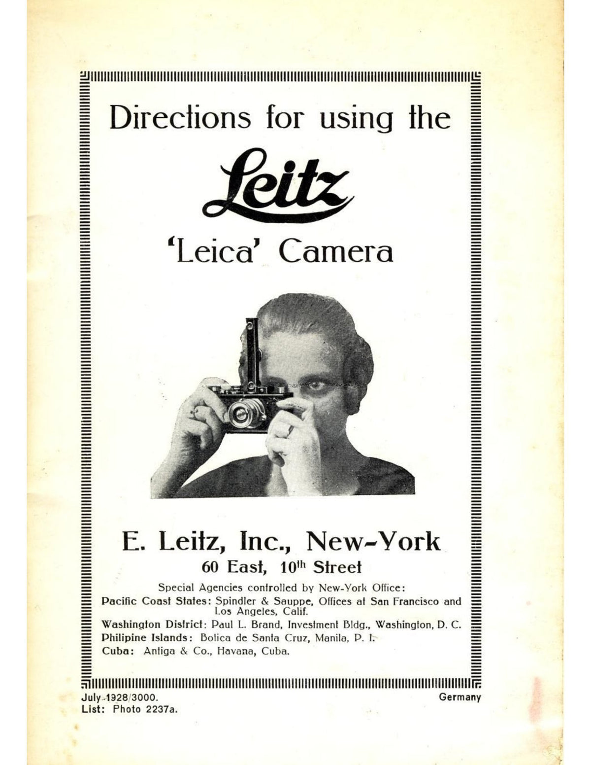 Directions for Using the Leitz 'Leica' Camera – E. Leitz Inc., New York, July 1928 – front cover