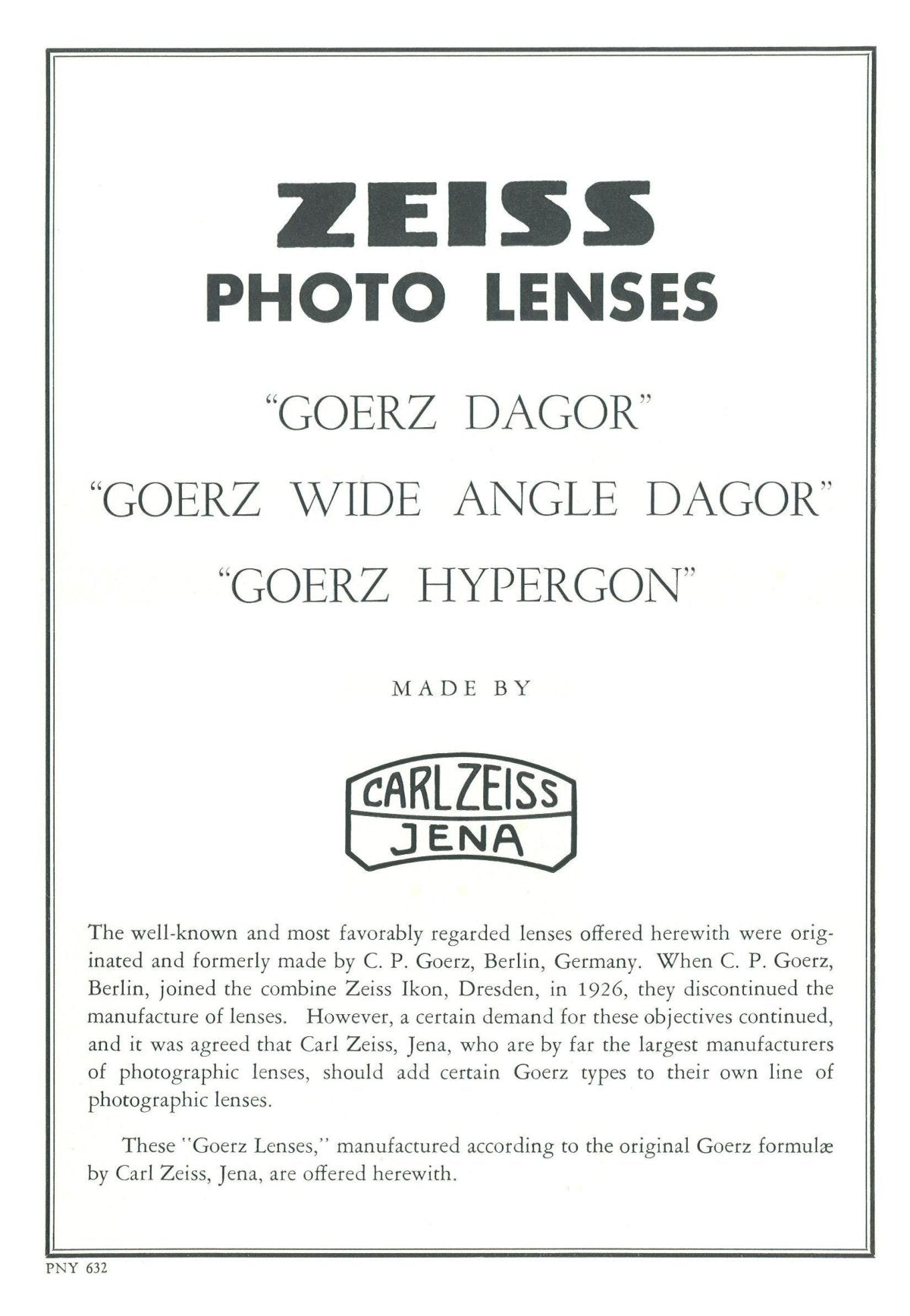 Zeiss Photo Lenses – Goerz Dagor, Wide Angle Dagor & Hypergon by Carl Zeiss Jena – front cover