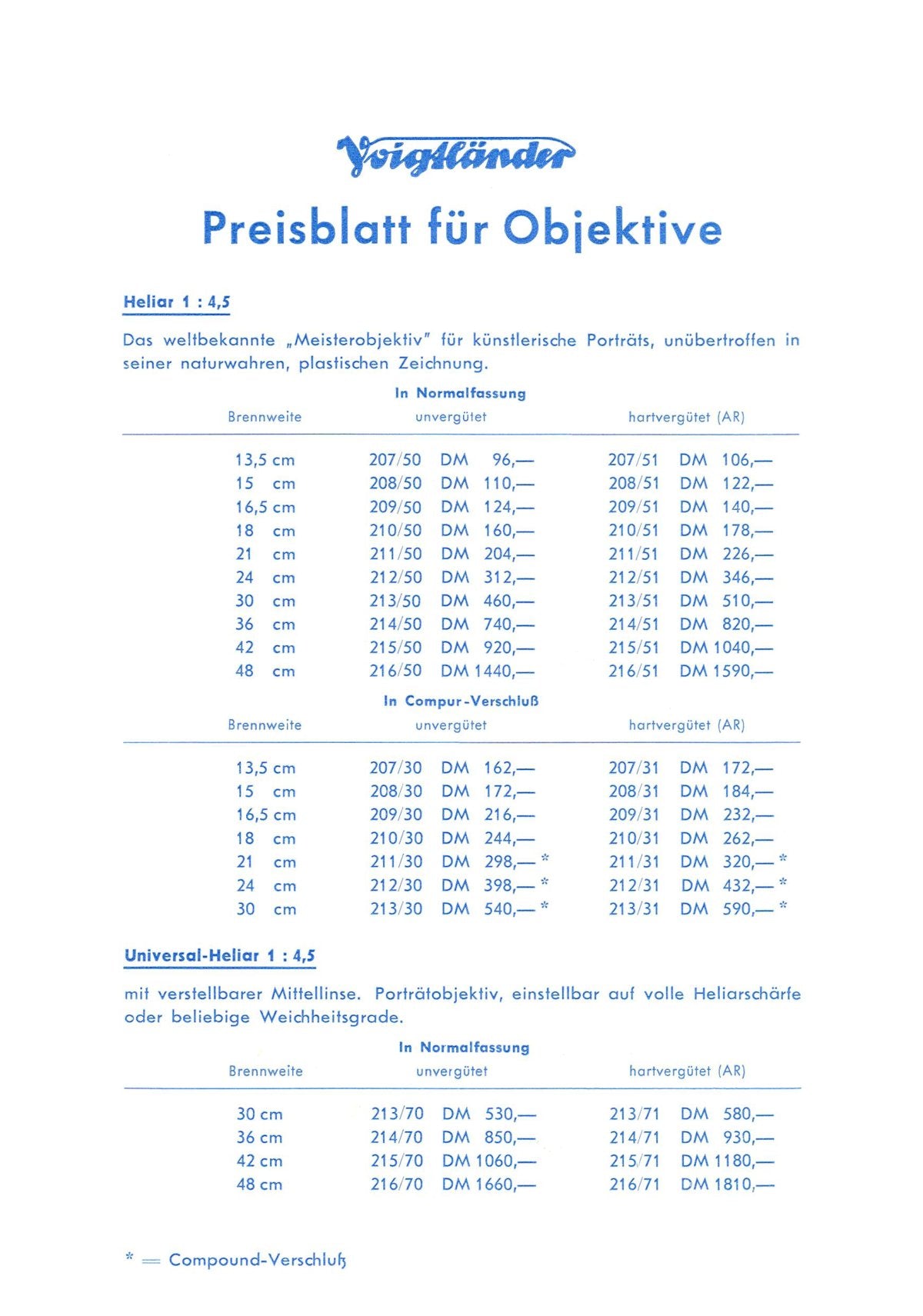 Voigtländer Lens Price List (Preisblatt für Objektive) – German, DM Prices – front cover