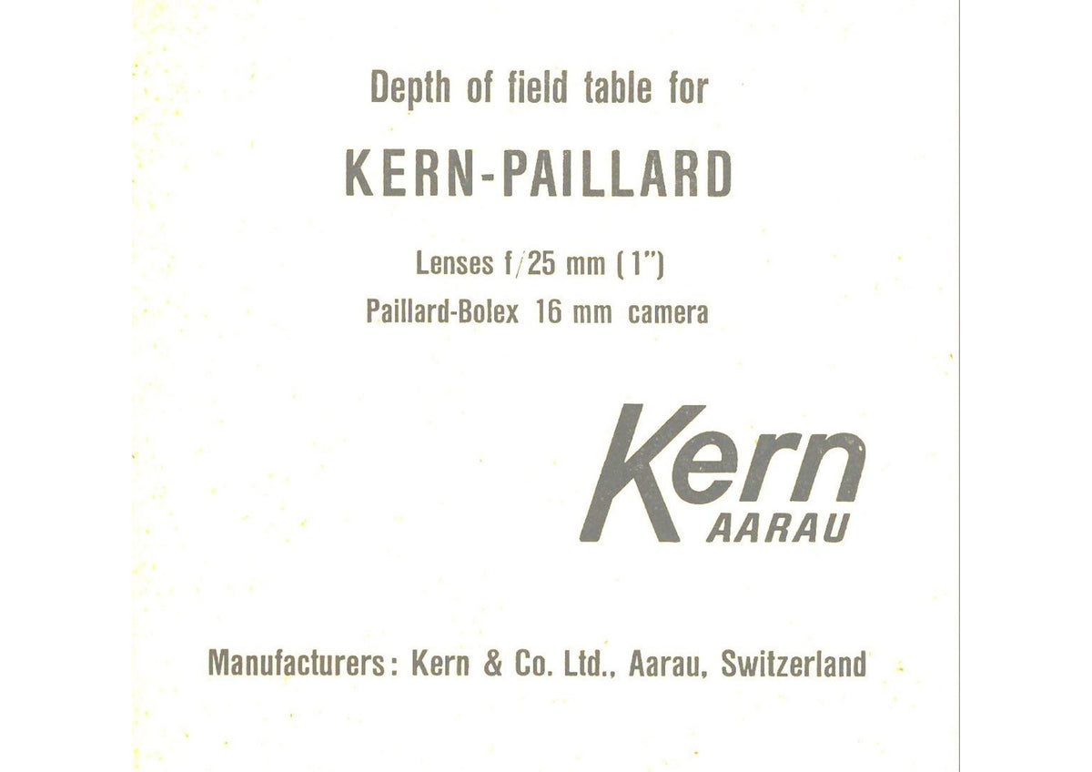 Kern-Paillard Depth of Field Table – 25 mm (1 in.) Lenses for Bolex 16 mm Cameras – front cover
