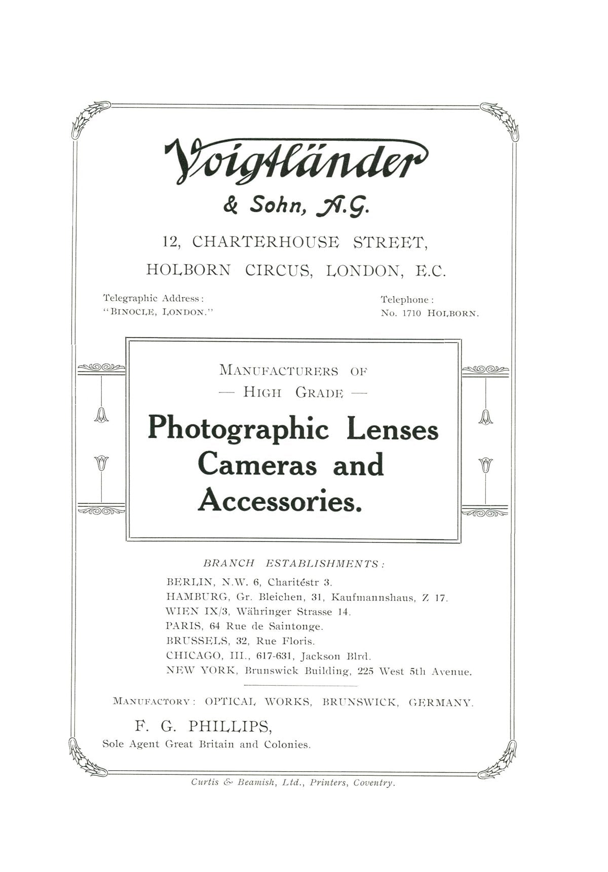 Voigtländer & Sohn Catalogue of Photographic Lenses, Cameras & Accessories, London, c. 1910 – front cover