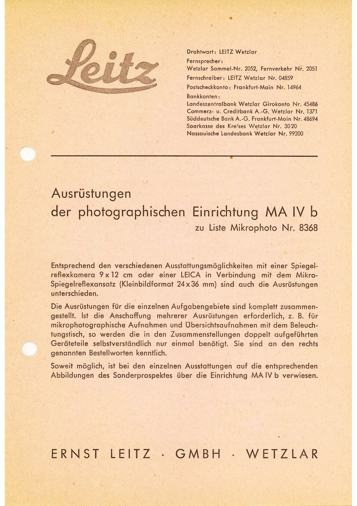 Leitz – Ausrüstungen der photographischen Einrichtung MA IV b (9×12 cm), German Equipment List – front cover