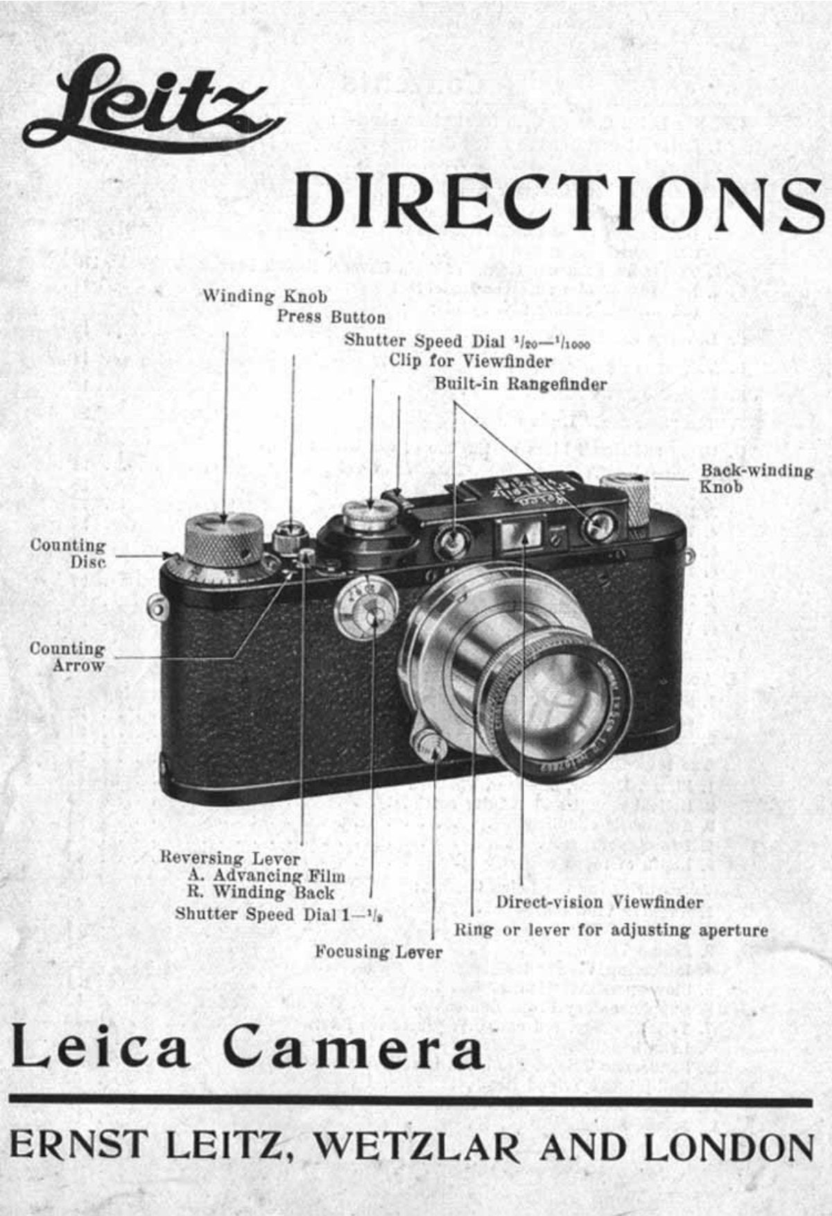 Leica Camera Directions – Ernst Leitz Instruction Book, English, July 1935 – front cover