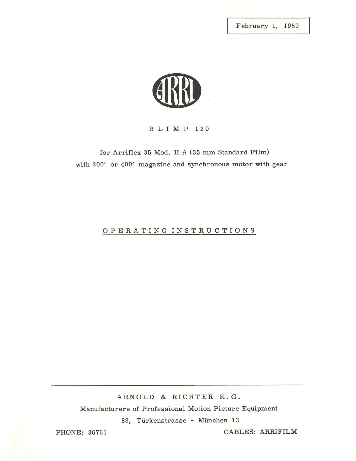 ARRI Blimp 120 for Arriflex 35 Mod. II A – Operating Instructions, February 1959 – front cover