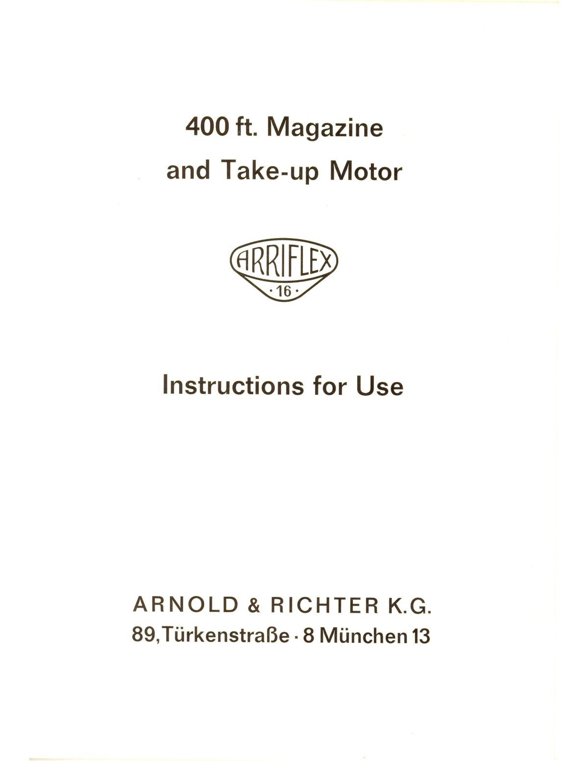 Arriflex 400 ft Magazine and Take-up Motor – Instructions for Use – front cover