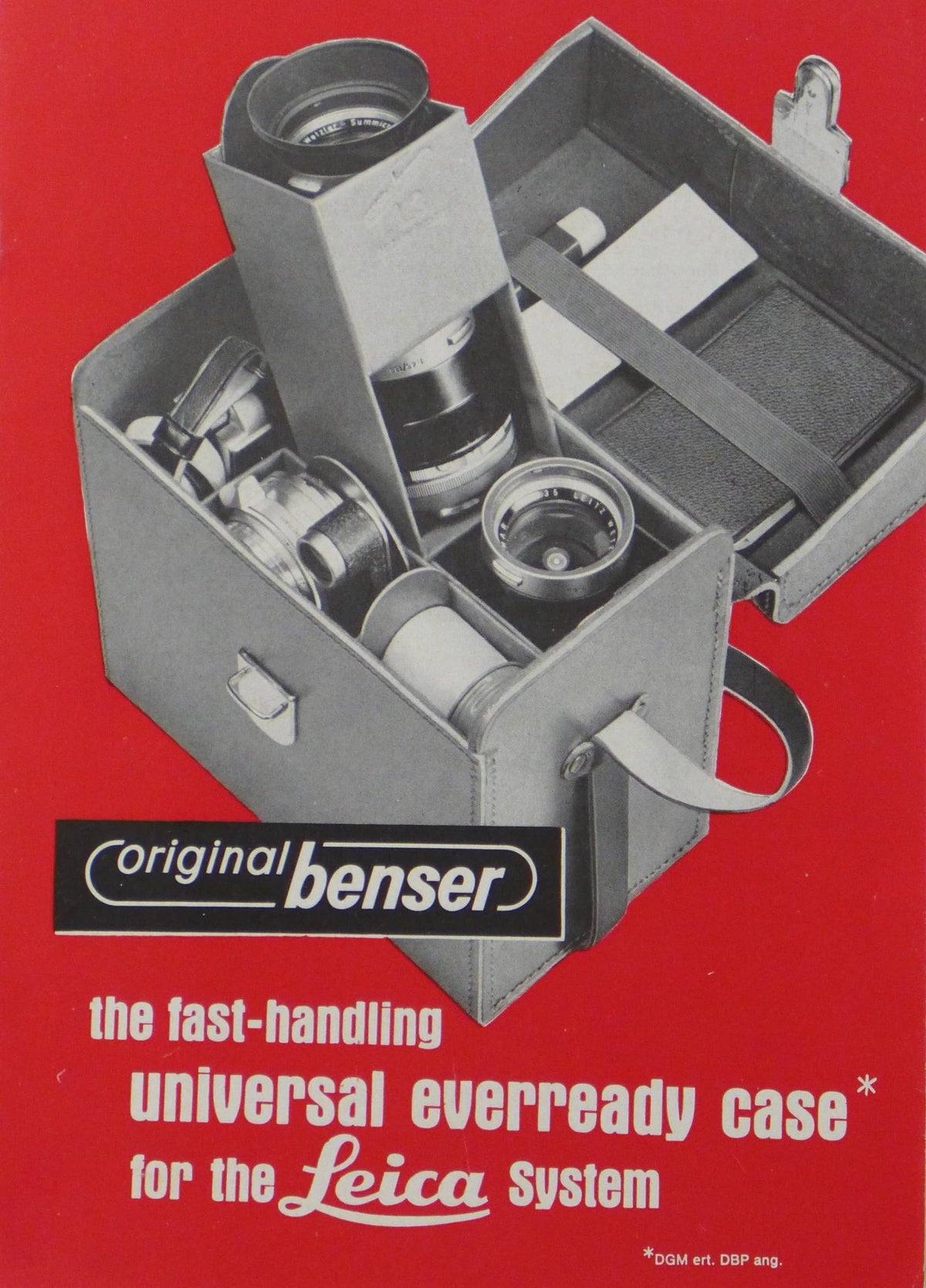 Cover of the vintage Original Benser universal everready case brochure for the Leica system, showing an open leather camera case with lenses – cover