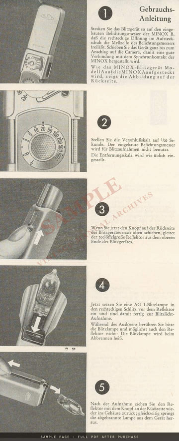 Minox Flash Unit for AG-1 Flashbulbs – German Instruction Leaflet (Blitzgerät) – sample page 1 (watermarked preview)