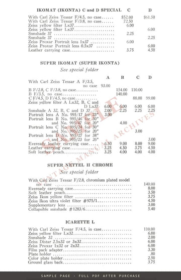 Zeiss Ikon Cameras – Price List No. 27, in Effect September 15, 1936 – sample page 1 (watermarked preview)