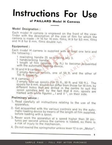 Paillard Bolex H9, H16 and H8 Cameras – Instruction Manual, English – sample page 1 (watermarked preview)