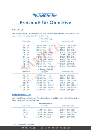 Voigtländer Lens Price List (Preisblatt für Objektive) – German, DM Prices – sample page 1 (watermarked preview)