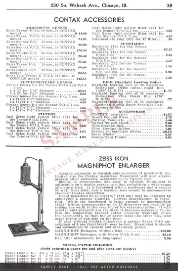 Central Camera Co. Catalogue No. 43, 1933–1934 – Zeiss Ikon, Zeiss & Voigtländer Pages – sample page 1 (watermarked preview)