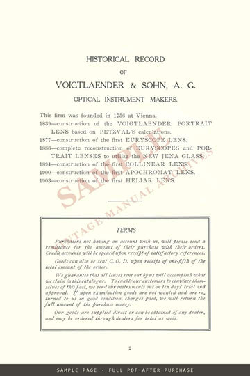 Voigtländer & Son Optical Co. Catalogue of Photographic Objectives, c. 1903 – sample page 1 (watermarked preview)