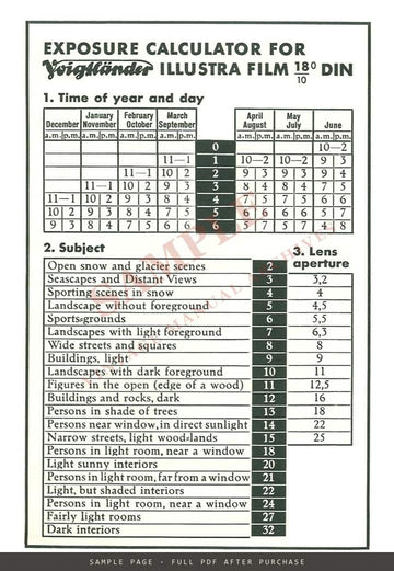 Voigtländer Illustra Film 18/10° DIN – Exposure Calculator and Data Sheet, May 1935 – sample page 1 (watermarked preview)