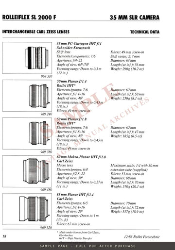 Rollei Fototechnic Dealer Handbook – SL 2000 F System, Lenses & Accessories – sample page 1 (watermarked preview)