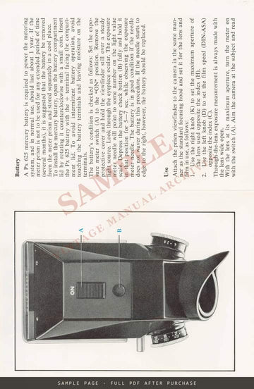 Hasselblad Prism Viewfinder with Built-in Light Meter – Instructions, 1972 – sample page 1 (watermarked preview)