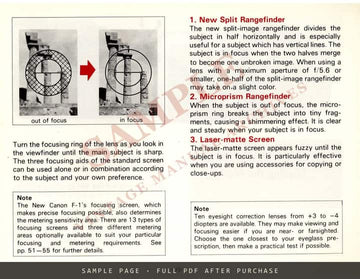 Canon New F-1 35mm SLR Camera – Instructions, English – sample page 1 (watermarked preview)