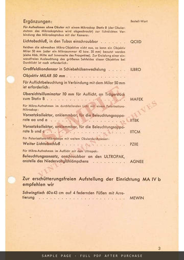 Leitz – Ausrüstungen der photographischen Einrichtung MA IV b (9×12 cm), German Equipment List – sample page 1 (watermarked preview)