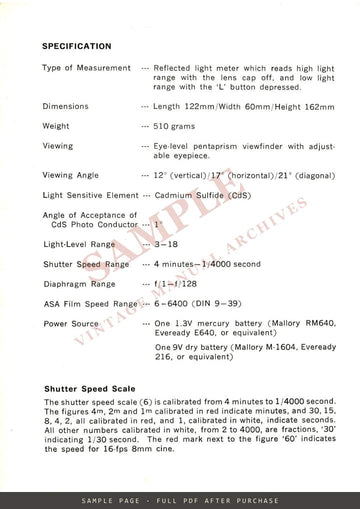 Asahi Pentax Spot Exposure Meter Model II – Instruction Manual, English – sample page 1 (watermarked preview)