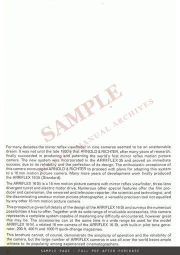 Arriflex 16 St – Mirror Reflex Motion Picture Camera for 16 mm Film: Brochure – sample page 1 (watermarked preview)