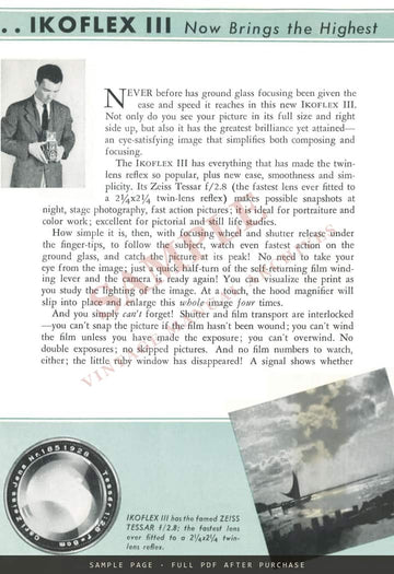 Zeiss Ikon Ikoflex III Twin-Lens Reflex – Carl Zeiss, Inc. Leaflet CAM 199, 1939 – sample page 1 (watermarked preview)